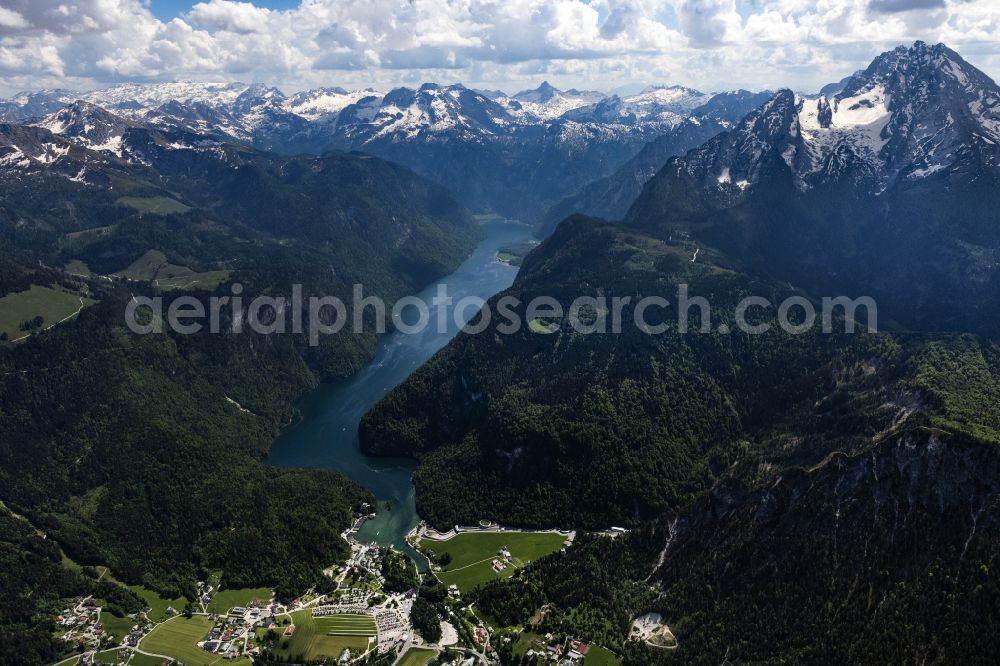 Schönau am Königssee from above - Riparian areas on the lake area of Koenigssee in Nationalpark Berchtesgaden in a forest area in Schoenau am Koenigssee in the state Bavaria, Germany