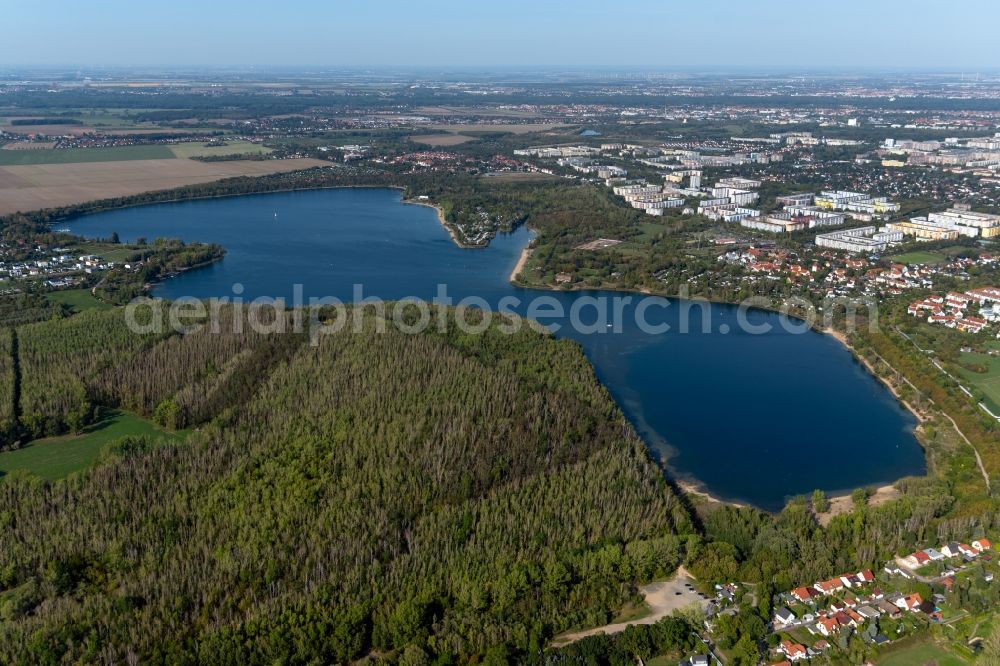 Aerial photograph Lausen-Grünau - Riparian areas on the lake area of Kulkwitzer See in a forest area in Lausen-Gruenau in the state Saxony, Germany