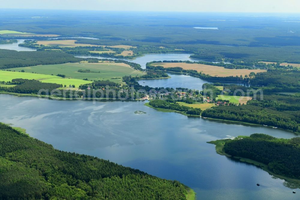 Canow from the bird's eye view: Riparian areas on the lake area of Labussee in a forest area in Canow in the state Mecklenburg - Western Pomerania, Germany