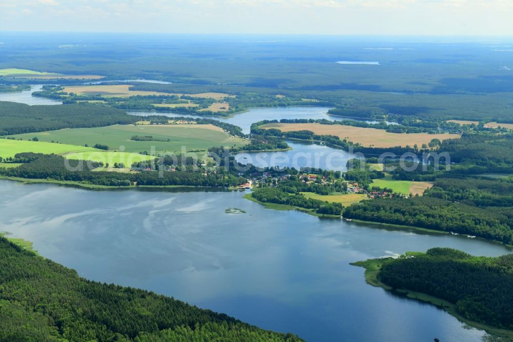 Aerial image Canow - Riparian areas on the lake area of Labussee in a forest area in Canow in the state Mecklenburg - Western Pomerania, Germany