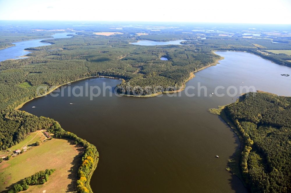 Aerial photograph Canow - Riparian areas on the lake area of Labussee in a forest area in Canow in the state Mecklenburg - Western Pomerania, Germany