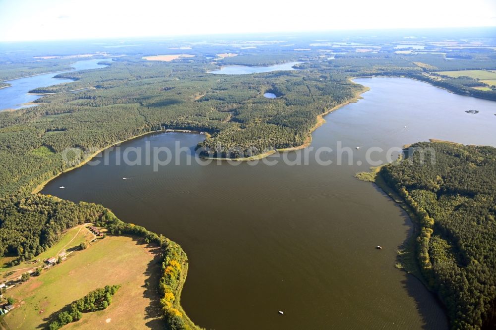 Canow from above - Riparian areas on the lake area of Labussee in a forest area in Canow in the state Mecklenburg - Western Pomerania, Germany