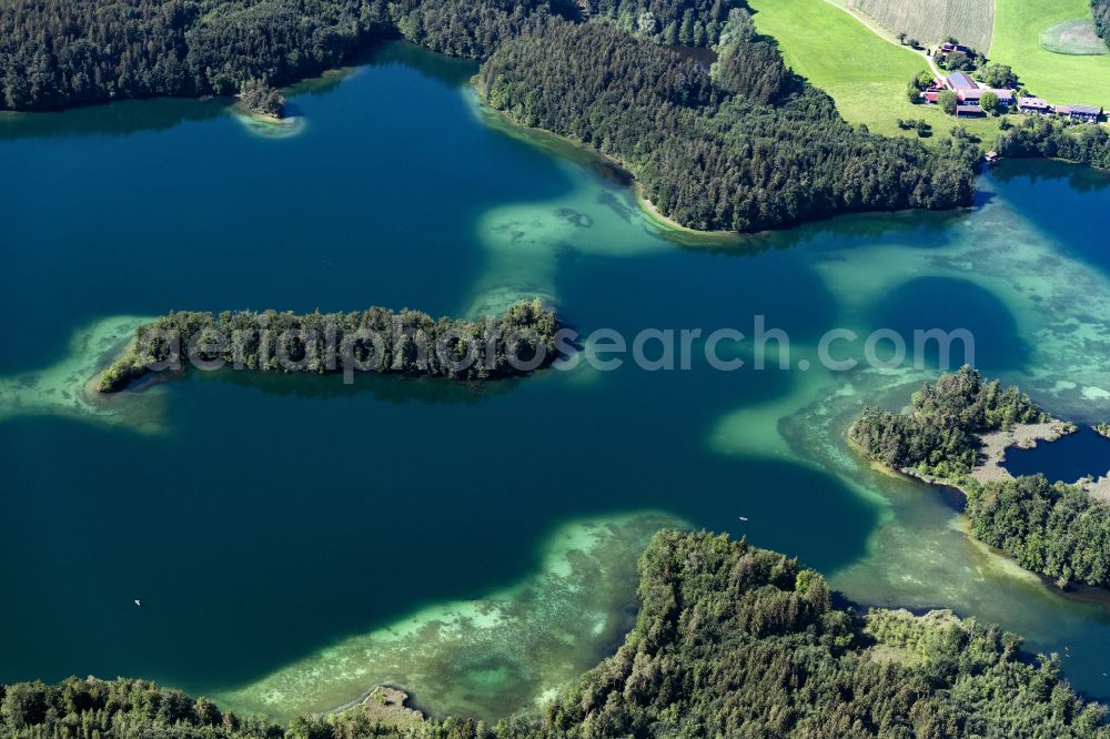 Aerial photograph Stock - Riparian areas on the lake area of Langenbuergner See in Stock in the state Bavaria, Germany