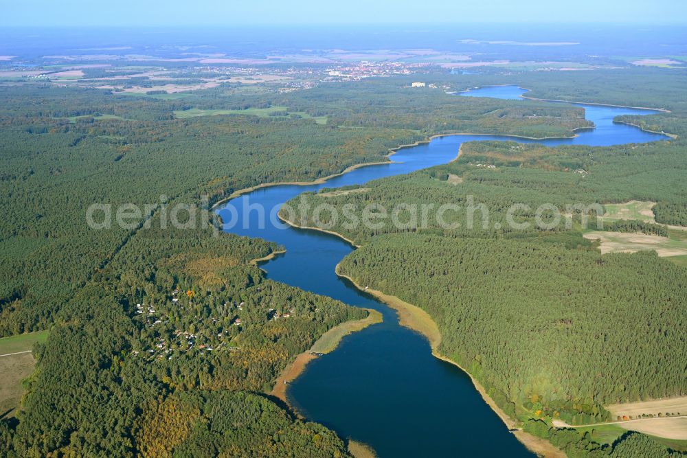 Templin from above - Riparian areas on the lake area of Luebbesee in a forest area in Templin in the state Brandenburg, Germany