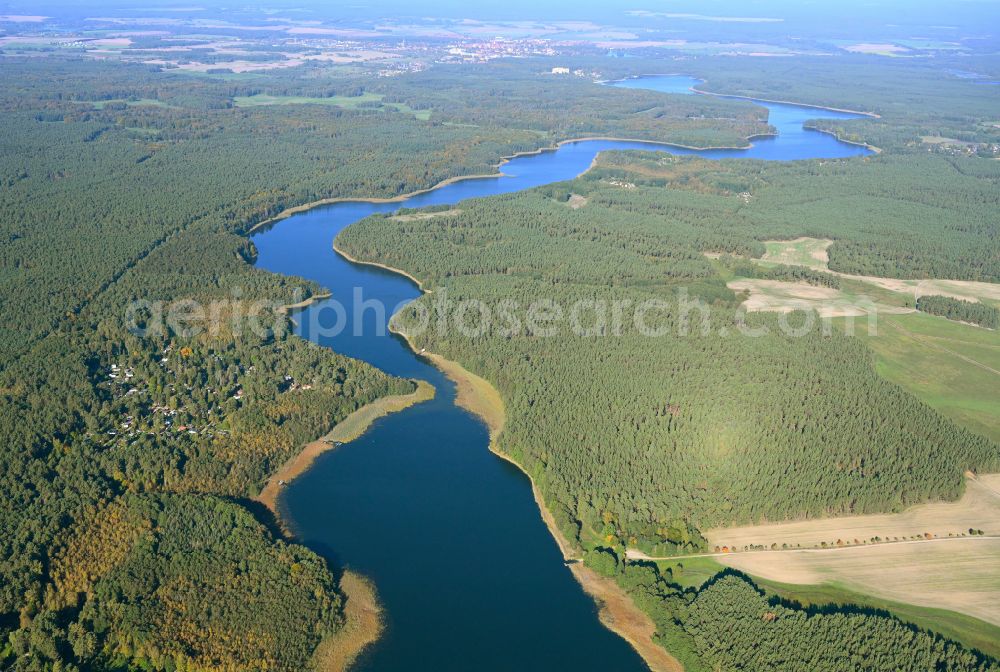 Templin from the bird's eye view: Riparian areas on the lake area of Luebbesee in a forest area in Templin in the state Brandenburg, Germany