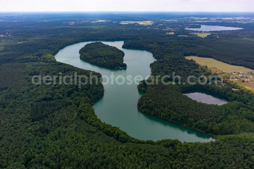 Wandlitz from above - Riparian areas on the lake area of Liepnitzsee in a forest area in Wandlitz in the state Brandenburg, Germany