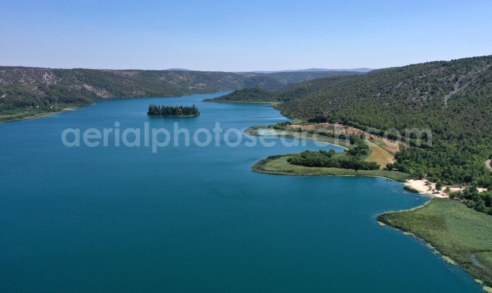 Aerial image Skradin - Riparian areas on the lake area of on national park Krka in Skradin in Sibensko-kninska zupanija, Croatia