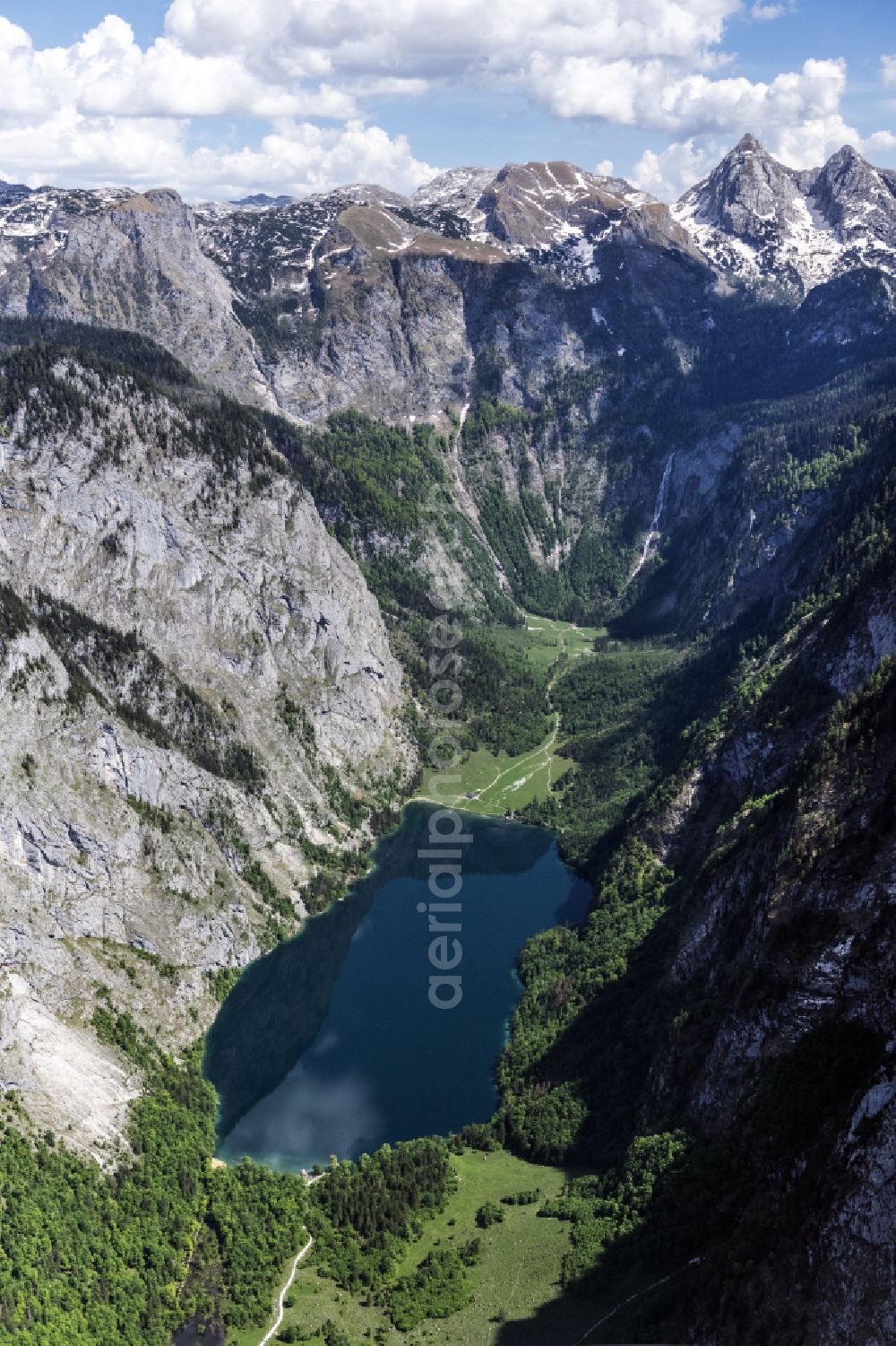 Schönau am Königssee from above - Riparian areas on the lake area of Obersee on Koenigsee with dem Roethbachwasserfall in Schoenau am Koenigssee in the state Bavaria, Germany