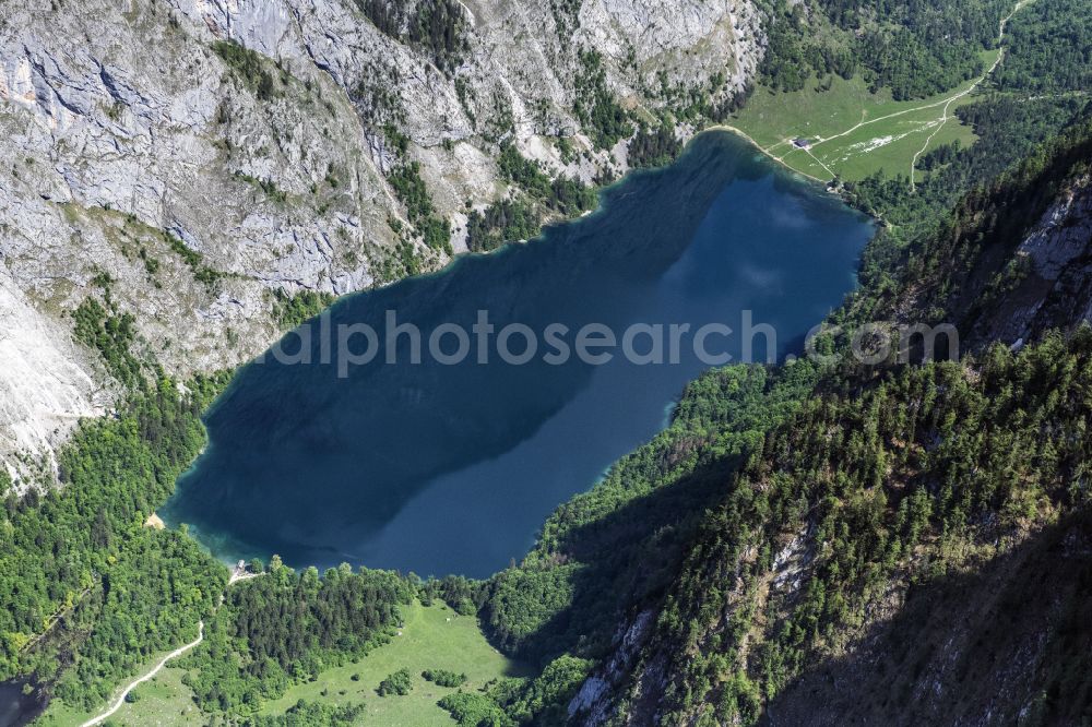 Aerial image Schönau am Königssee - Riparian areas on the lake area of Obersee on Koenigsee with dem Roethbachwasserfall in Schoenau am Koenigssee in the state Bavaria, Germany