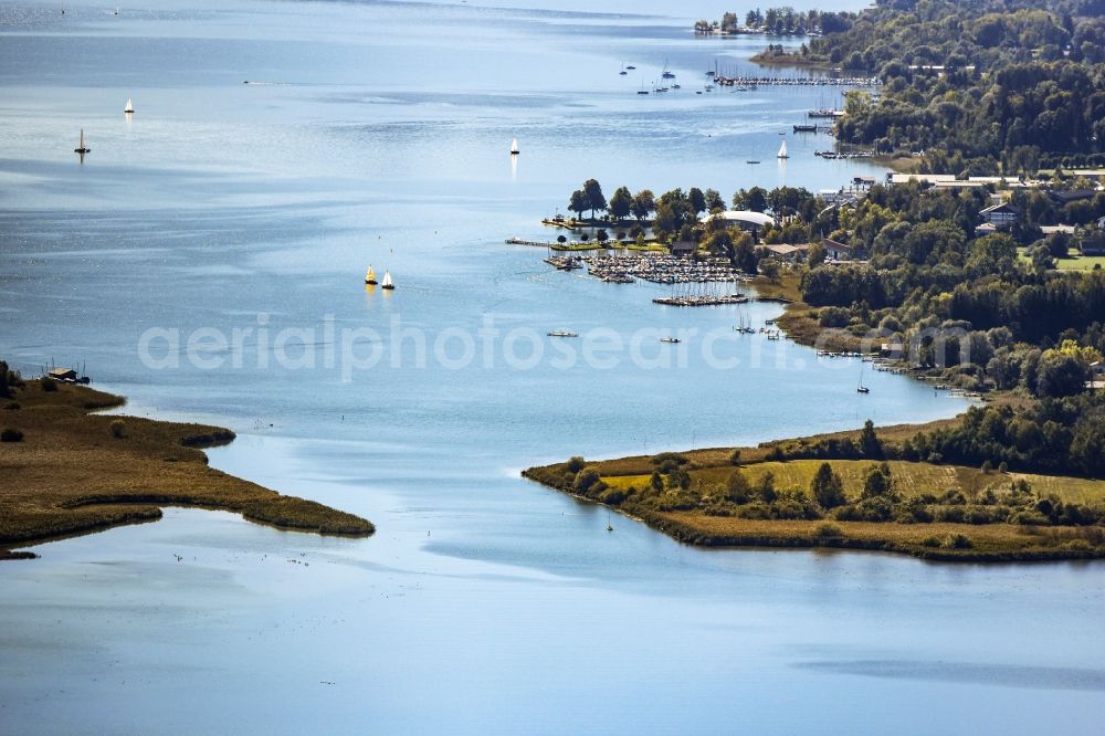 Prien am Chiemsee from the bird's eye view: Riparian areas on the lake area of in Prien am Chiemsee in the state Bavaria, Germany