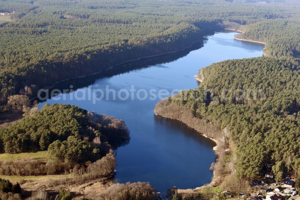 Aerial photograph Stechlin - Riparian areas on the lake area of Roofensee in Stechlin in the state Brandenburg, Germany