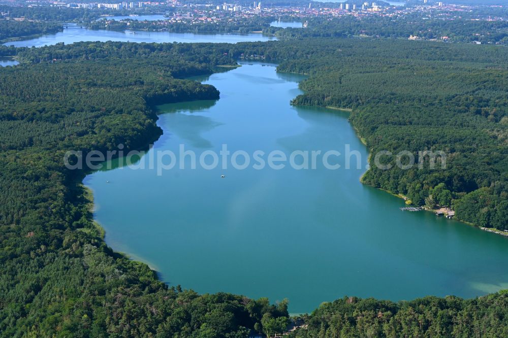 Aerial photograph Potsdam - Riparian areas on the lake area of Sacrower See and the Koenigswald in a forest area in the district Sacrow in Potsdam in the state Brandenburg, Germany