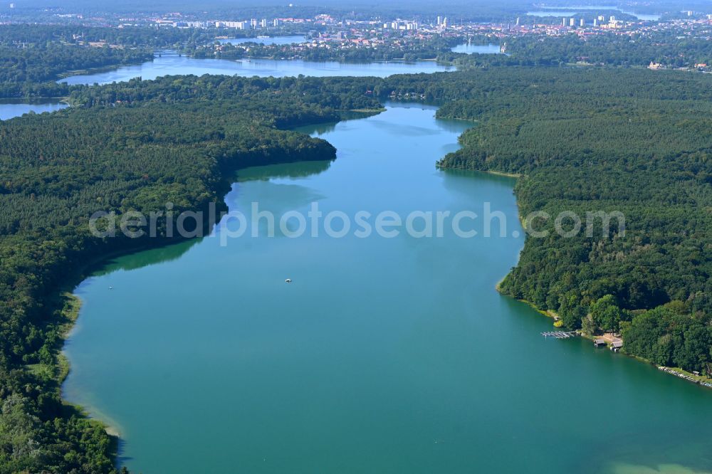 Potsdam from above - Riparian areas on the lake area of Sacrower See and the Koenigswald in a forest area in the district Sacrow in Potsdam in the state Brandenburg, Germany