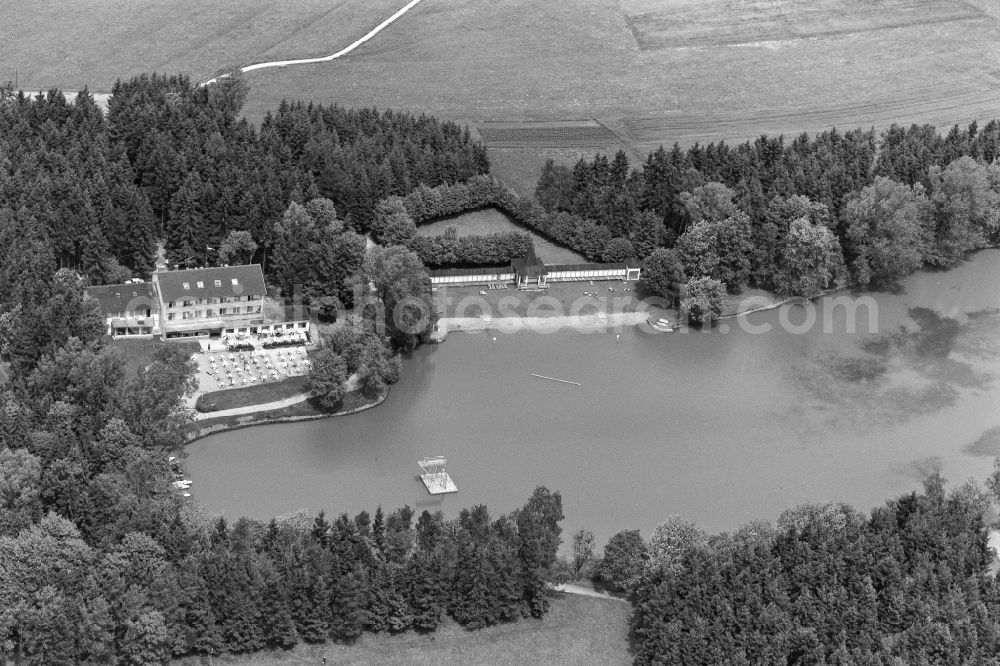 Bad Dürrheim from above - Riparian areas on the lake area of Salinensee with dem Hotel & Restaurant Salinensee in Bad Duerrheim in the state Baden-Wuerttemberg, Germany