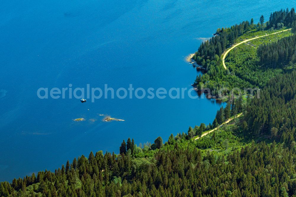 Schluchsee from above - Riparian areas on the lake area of Schluchsee Oberlauf in Schluchsee in the state Baden-Wurttemberg, Germany
