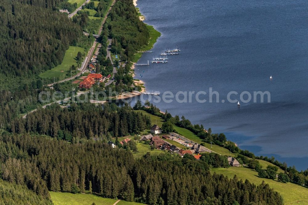 Schluchsee from above - Riparian areas on the lake area of Schluchsee in Schwarzwald in a forest area in Schluchsee in the state Baden-Wuerttemberg, Germany