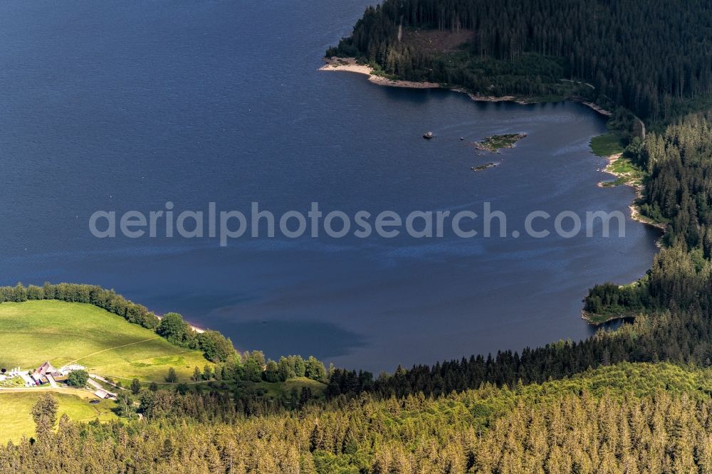 Schluchsee from the bird's eye view: Riparian areas on the lake area of Schluchsee in Schwarzwald in a forest area in Schluchsee in the state Baden-Wuerttemberg, Germany