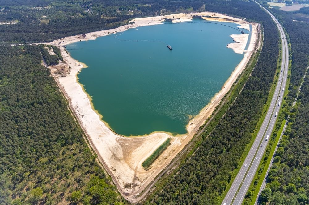 Haltern am See from above - Aerial view of the Silver Lake with quartz sand extraction in a forest area in the district of Lehmbraken in Haltern am See in the Ruhr area in North Rhine-Westphalia, Germany