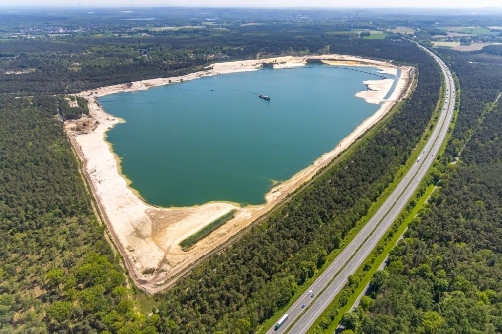 Haltern am See from above - Aerial view of the Silver Lake with quartz sand extraction in a forest area in the district of Lehmbraken in Haltern am See in the Ruhr area in North Rhine-Westphalia, Germany