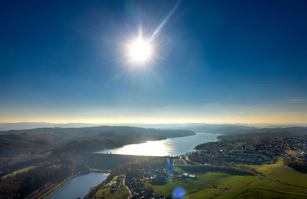 Langscheid from above - Riparian areas on the lake area of Sorpesee in Langscheid at Sauerland in the state North Rhine-Westphalia, Germany