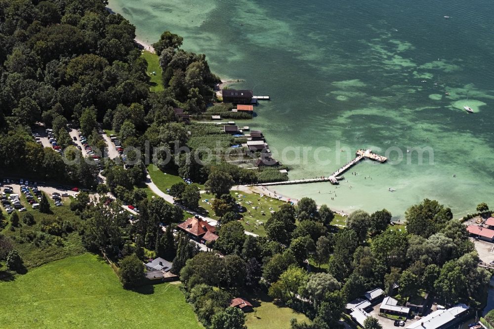 Aerial image Starnberg - Riparian areas on the lake area of Starnberger See, Badewiese and Bootshuetten in Percha in Starnberg in the state Bavaria, Germany