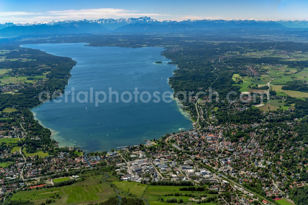 Aerial photograph Starnberger See - Landscape at Lake of Starnberg in Starnberg in the state Bavaria, Germany. View to the mountain range of the Alps