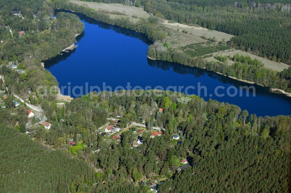 Böhmerheide from above - Shore areas at the lake area Weisser See in a forest in Boehmerheide in the state Brandenburg, Germany