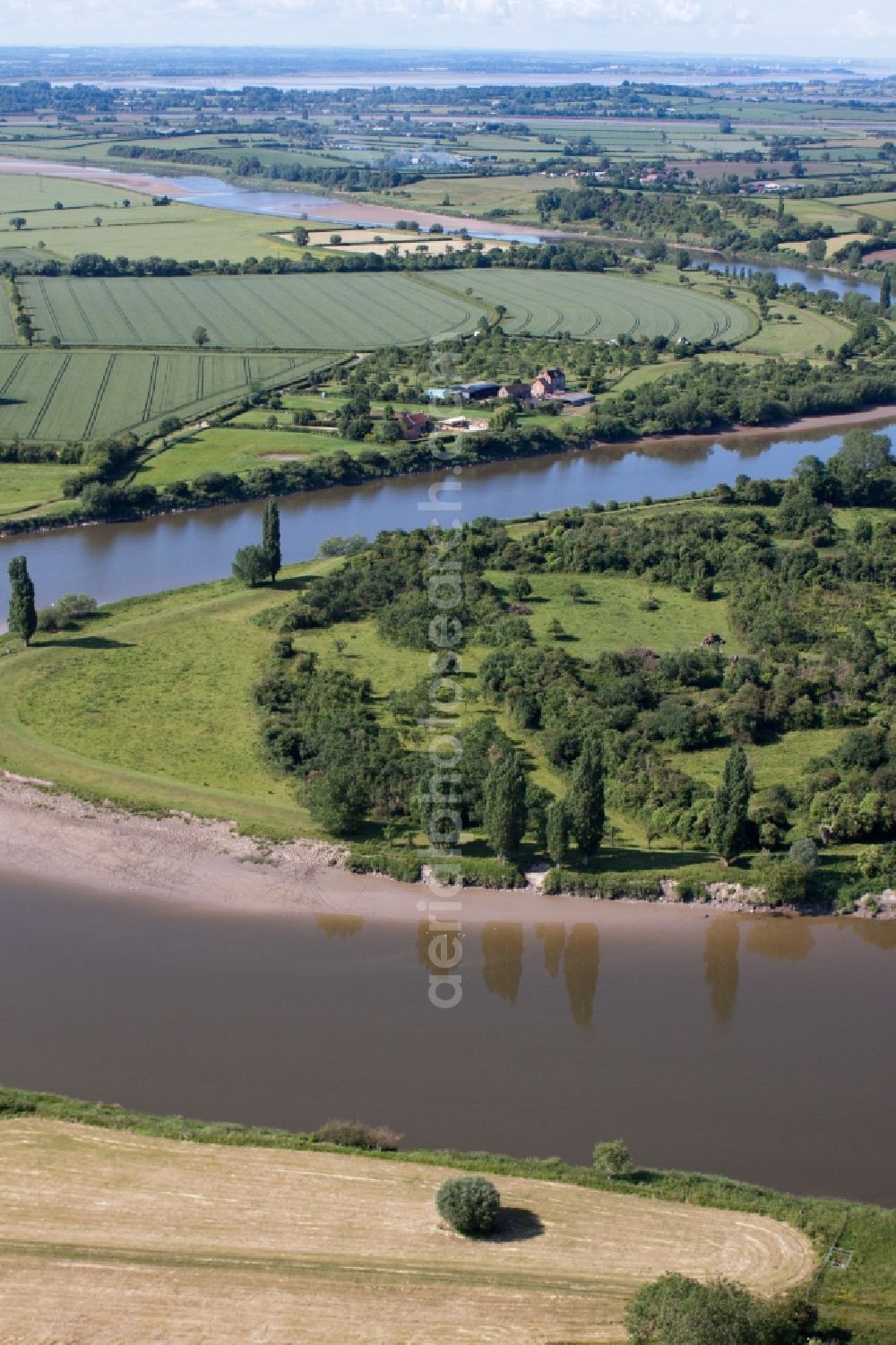 Aerial image Minsterworth - Curved loop of the riparian zones on the course of the river Severn in Minsterworth in England, United Kingdom