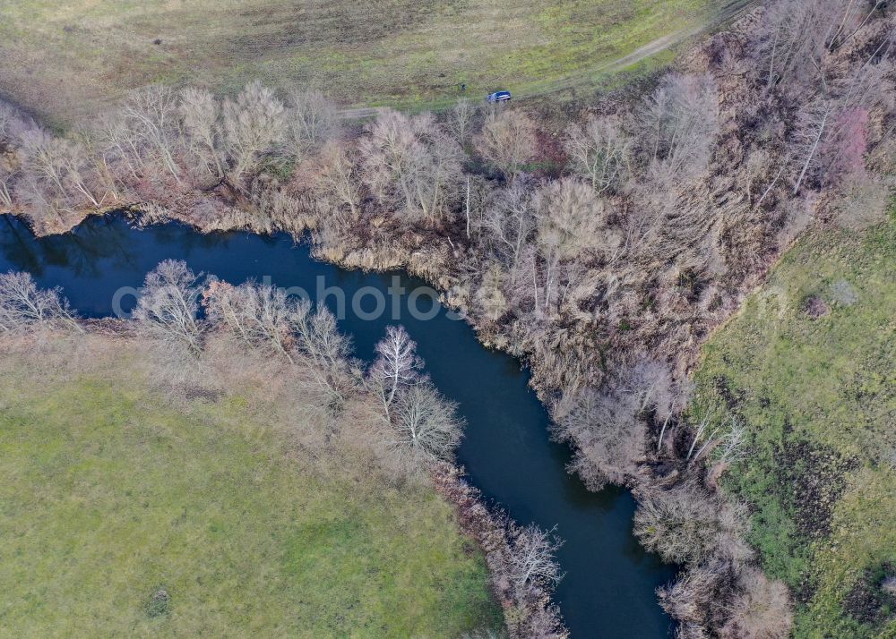 Spreeau from above - Curved loop of the riparian zones on the course of the river Spree in Spreeau in the state Brandenburg, Germany