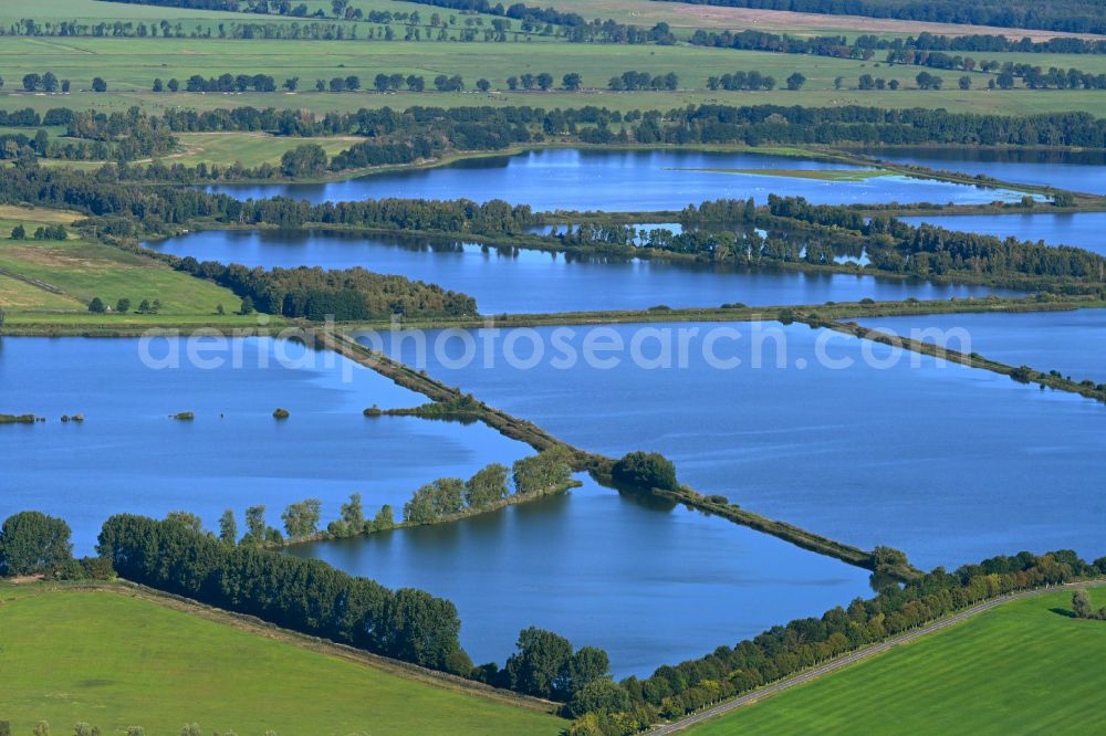 Dütschow from above - Shore areas of the ponds for fish farming Fischteiche in the Lewitz in Duetschow in the state Mecklenburg - Western Pomerania, Germany