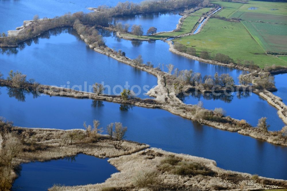 Aerial image Ribbeck - Shore areas of the ponds for fish farming Langer Stich in Ribbeck in the state Brandenburg, Germany