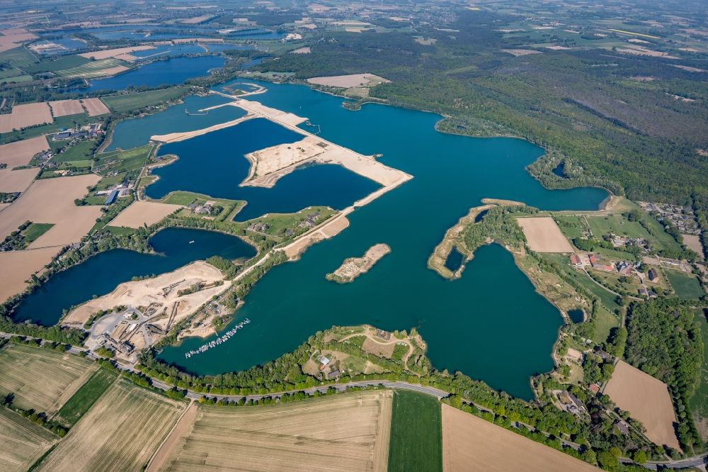Vahnum from above - Shore areas of the ponds for fish farming in Vahnum in the state North Rhine-Westphalia, Germany