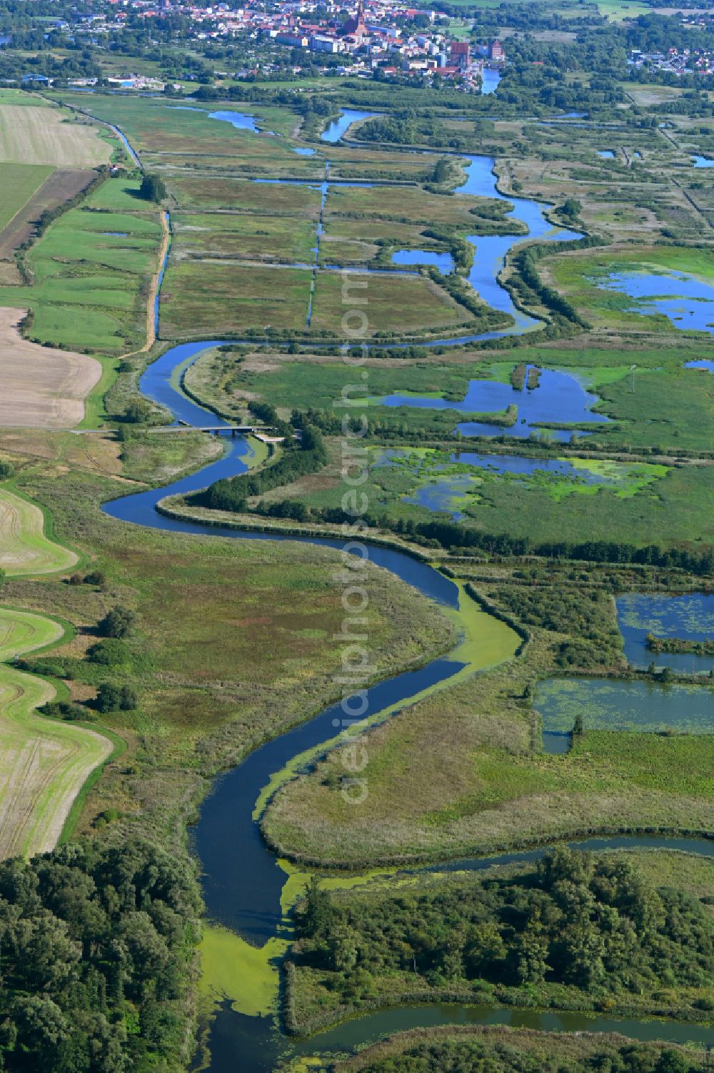 Aerial image Wotenick - Curved loop of the riparian zones on the course of the river Trebel in Wotenick in the state Mecklenburg - Western Pomerania, Germany
