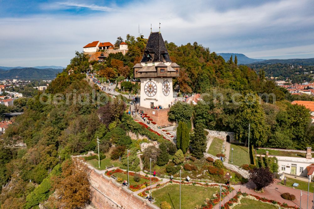 Graz from above - Clock tower in the Romanesque garden on the Schlossberg in Graz in Styria, Austria in Graz in Styria, Austria