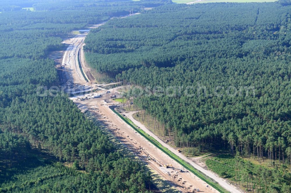 Wöbbelin from above - Expansion and construction site of the highway triangle Schwerin on the motorway BAB A14 and A24 at Wöbbelin in Mecklenburg - Western Pomerania