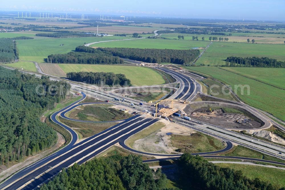 Aerial image Wöbbelin - Expansion and construction site of the highway triangle Schwerin on the motorway BAB A14 and A24 at Wöbbelin in Mecklenburg - Western Pomerania