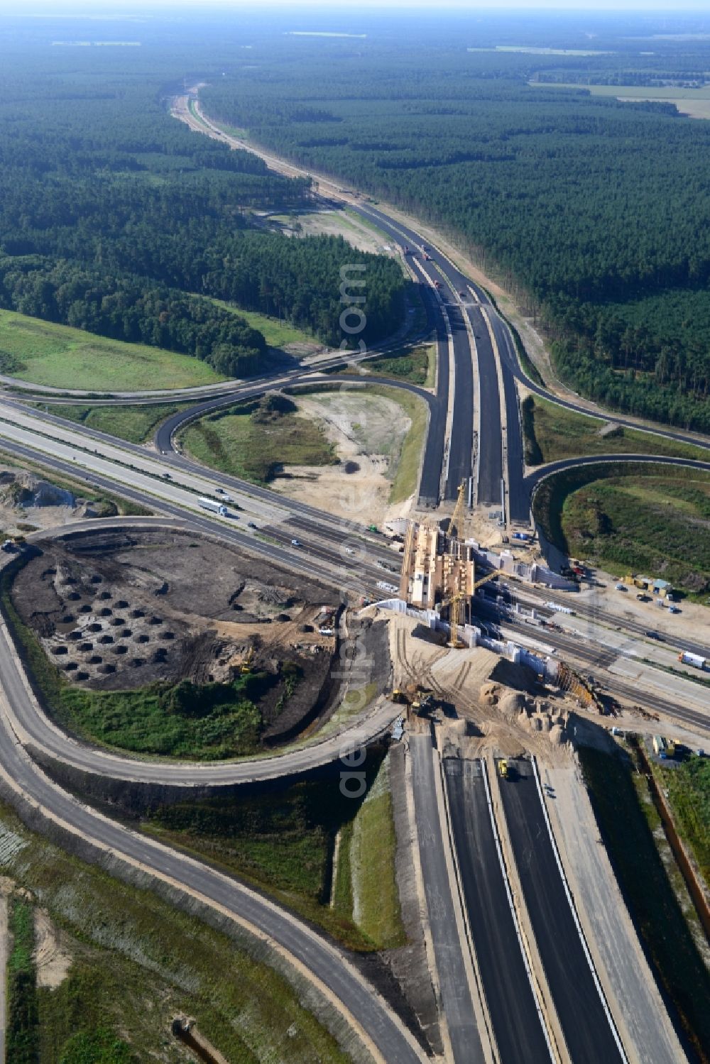 Aerial image Wöbbelin - Expansion and construction site of the highway triangle Schwerin on the motorway BAB A14 and A24 at Wöbbelin in Mecklenburg - Western Pomerania