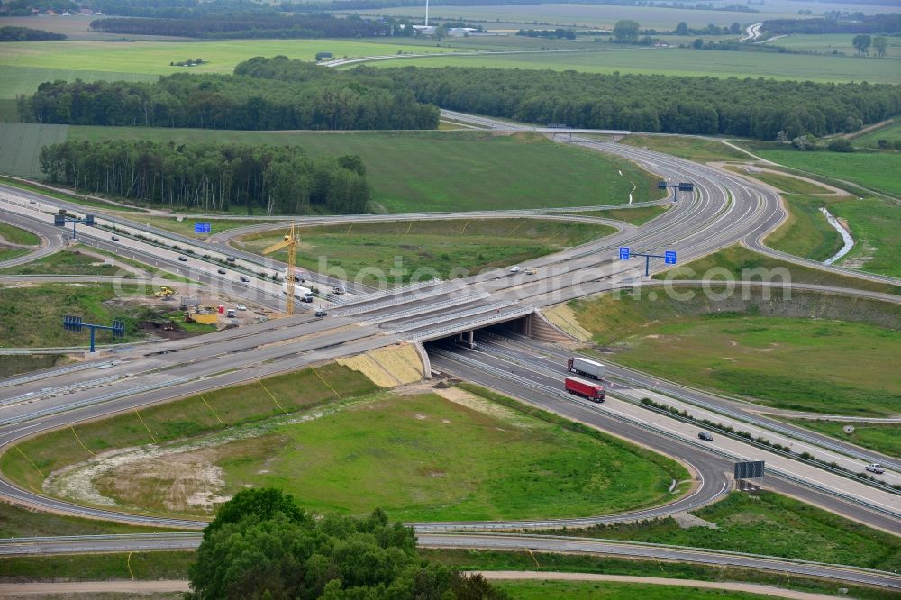 Aerial photograph Wöbbelin - Expansion and construction site of the highway triangle Schwerin on the motorway BAB A14 and A24 at Woebbelin in Mecklenburg - Western Pomerania