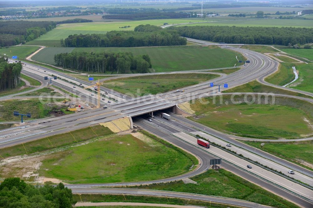 Wöbbelin from above - Expansion and construction site of the highway triangle Schwerin on the motorway BAB A14 and A24 at Woebbelin in Mecklenburg - Western Pomerania