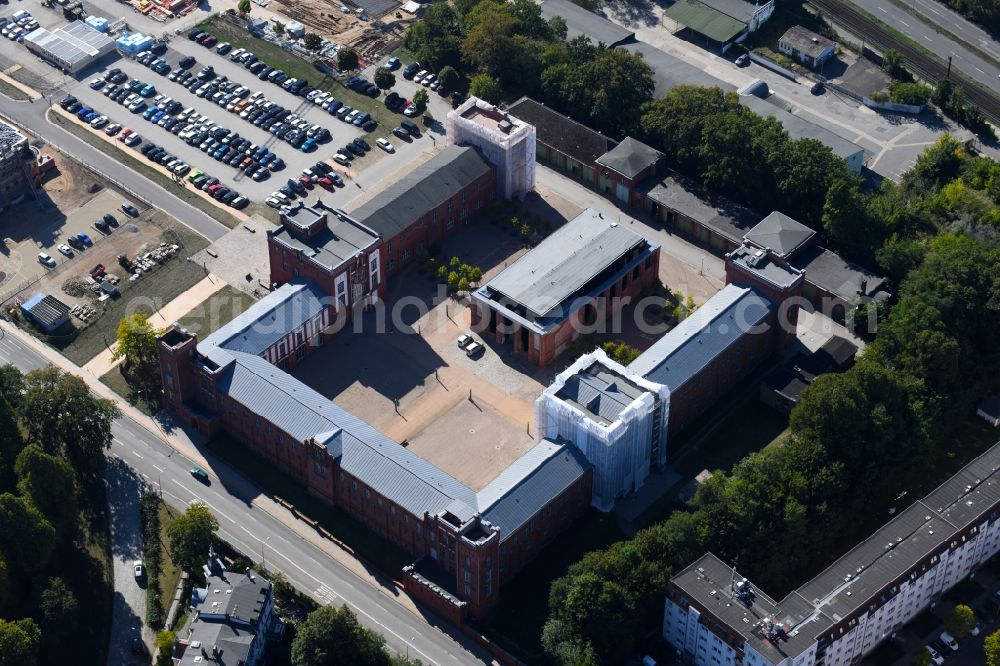 Schwerin from above - Construction site for reconstruction and modernization and renovation of an office and commercial building of Finanzamt Schwerin on Johannes-Stelling-Strasse in Schwerin in the state Mecklenburg - Western Pomerania, Germany