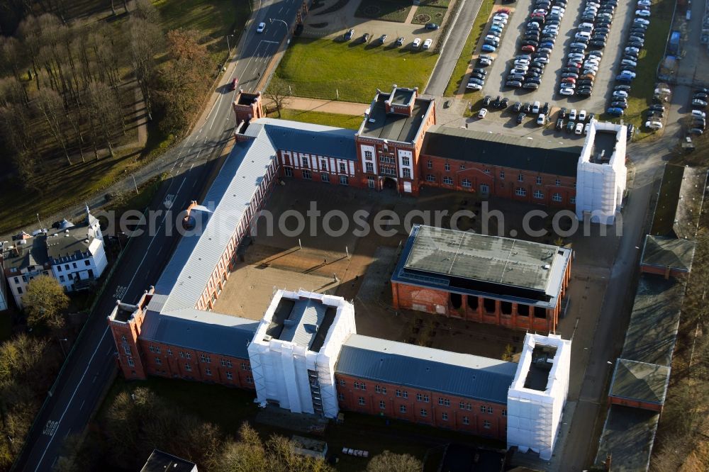 Aerial image Schwerin - Construction site for reconstruction and modernization and renovation of an office and commercial building of Finanzamt Schwerin on Johannes-Stelling-Strasse in Schwerin in the state Mecklenburg - Western Pomerania, Germany