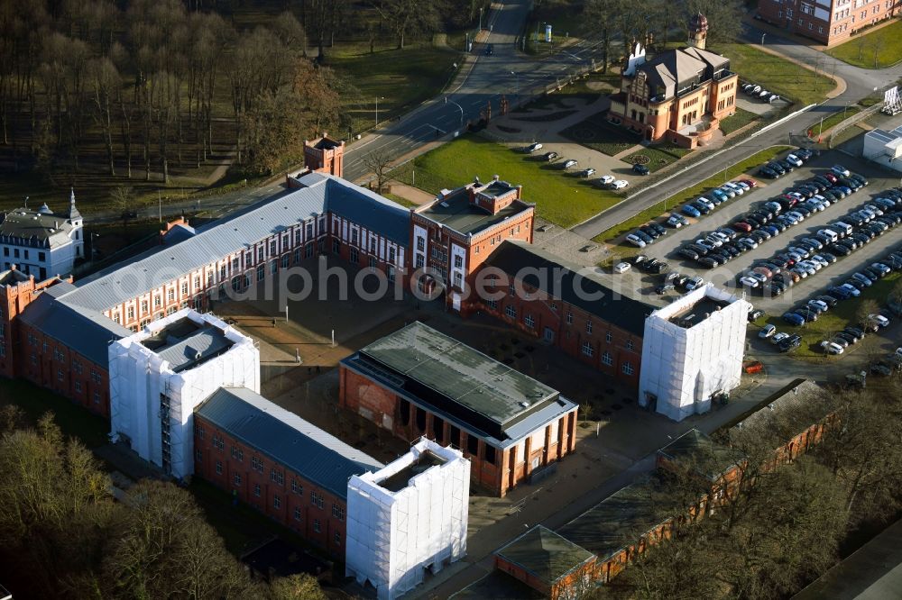 Schwerin from above - Construction site for reconstruction and modernization and renovation of an office and commercial building of Finanzamt Schwerin on Johannes-Stelling-Strasse in Schwerin in the state Mecklenburg - Western Pomerania, Germany