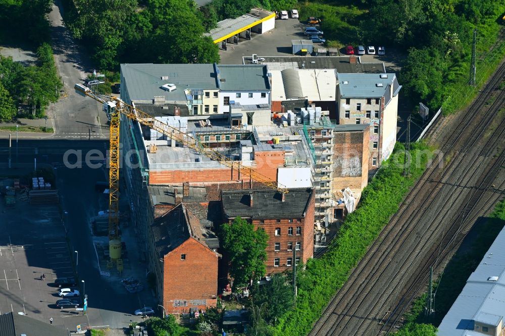 Magdeburg from the bird's eye view: Construction for the reconstruction and expansion of the old buildings on Sudenburger Tor in the district Altstadt in Magdeburg in the state Saxony-Anhalt, Germany