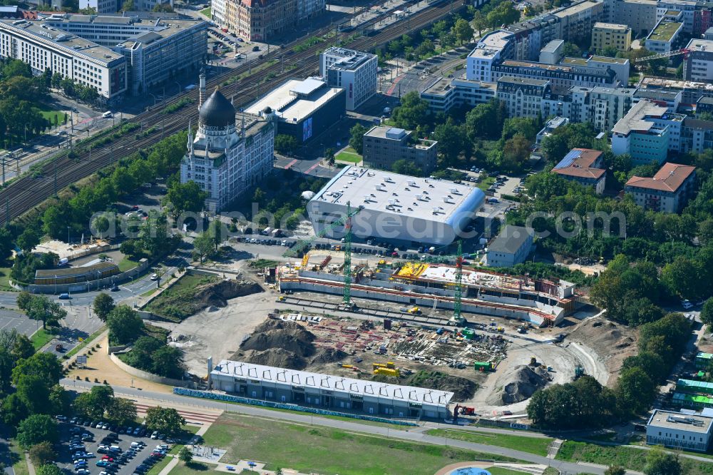 Dresden from above - Extension and conversion site on the sports ground of the stadium Heinz-Steyer-Stadion on street Pieschener Allee in the district Friedrichstadt in Dresden in the state Saxony, Germany