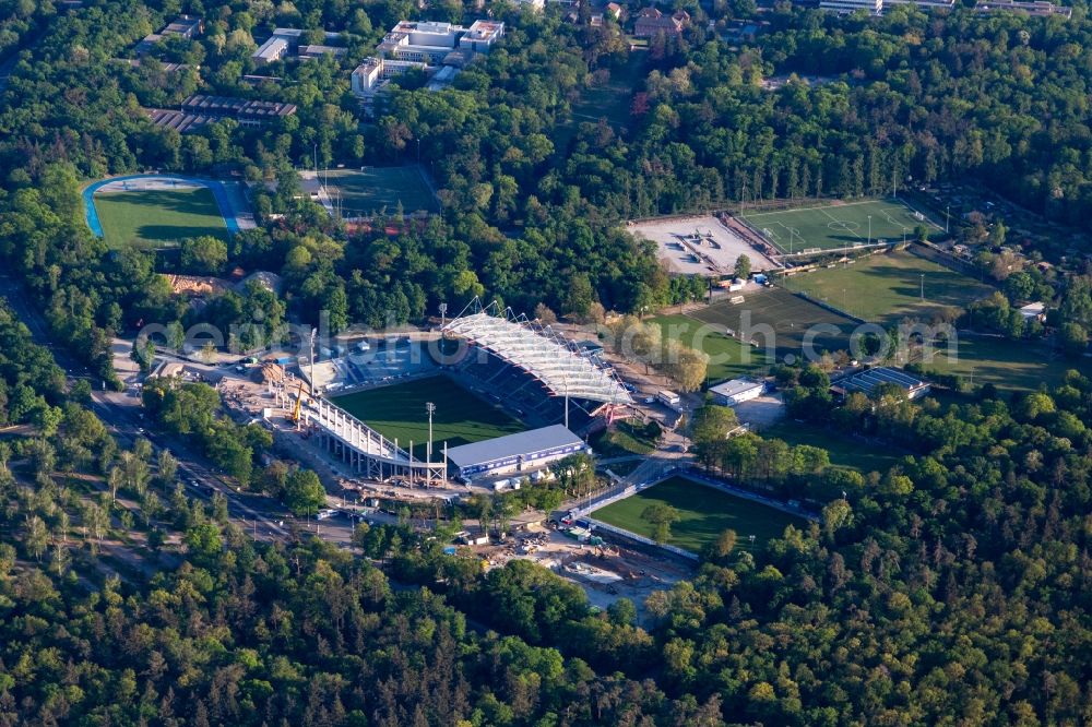 Karlsruhe from above - Extension and conversion site on the sports ground of the stadium Wildparkstadion in Karlsruhe in the state Baden-Wurttemberg, Germany