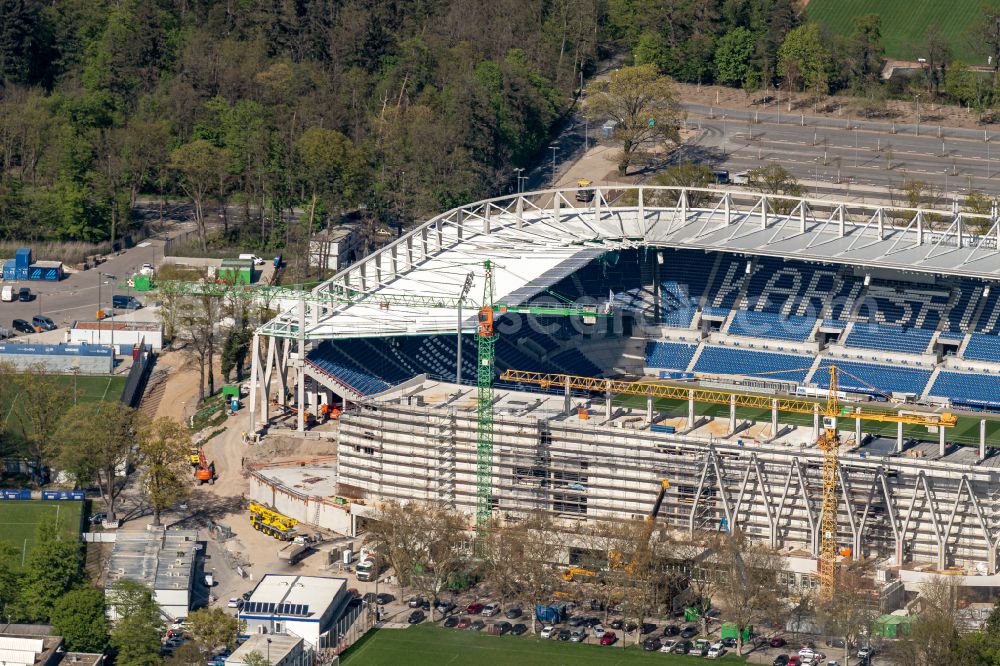 Karlsruhe from above - Extension and conversion site on the sports ground of the stadium Wildparkstadion on street Adenauerring in Karlsruhe in the state Baden-Wurttemberg, Germany