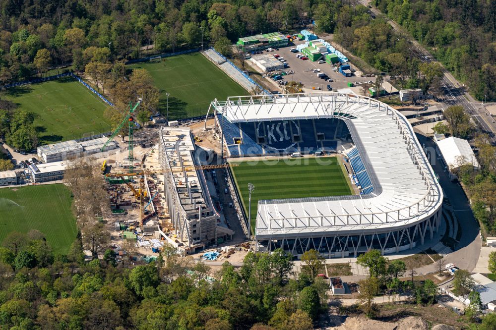 Karlsruhe from the bird's eye view: Extension and conversion site on the sports ground of the stadium Wildparkstadion on street Adenauerring in Karlsruhe in the state Baden-Wurttemberg, Germany