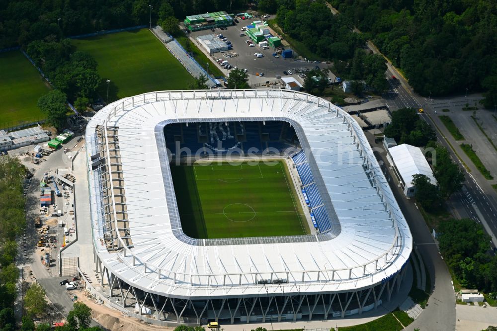 Karlsruhe from the bird's eye view: Extension and conversion site on the sports ground of the stadium Wildparkstadion on street Adenauerring in Karlsruhe in the state Baden-Wurttemberg, Germany