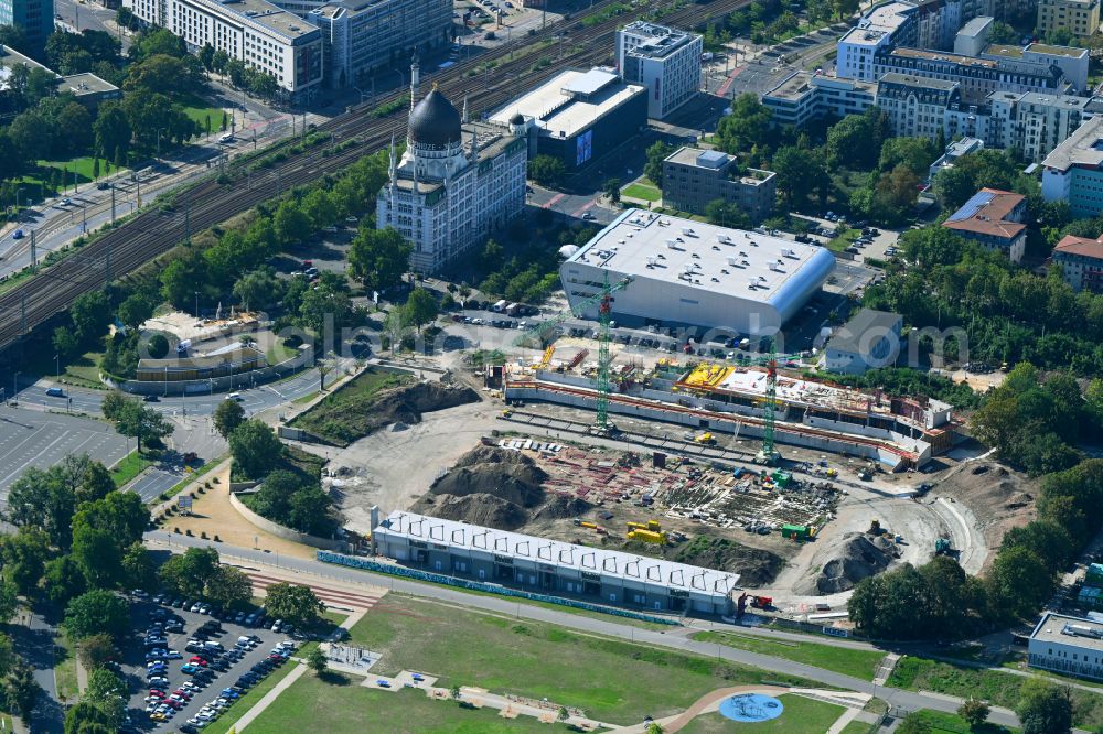 Dresden from above - Extension and conversion site on the sports ground of the stadium Heinz-Steyer-Stadion on street Pieschener Allee in the district Friedrichstadt in Dresden in the state Saxony, Germany
