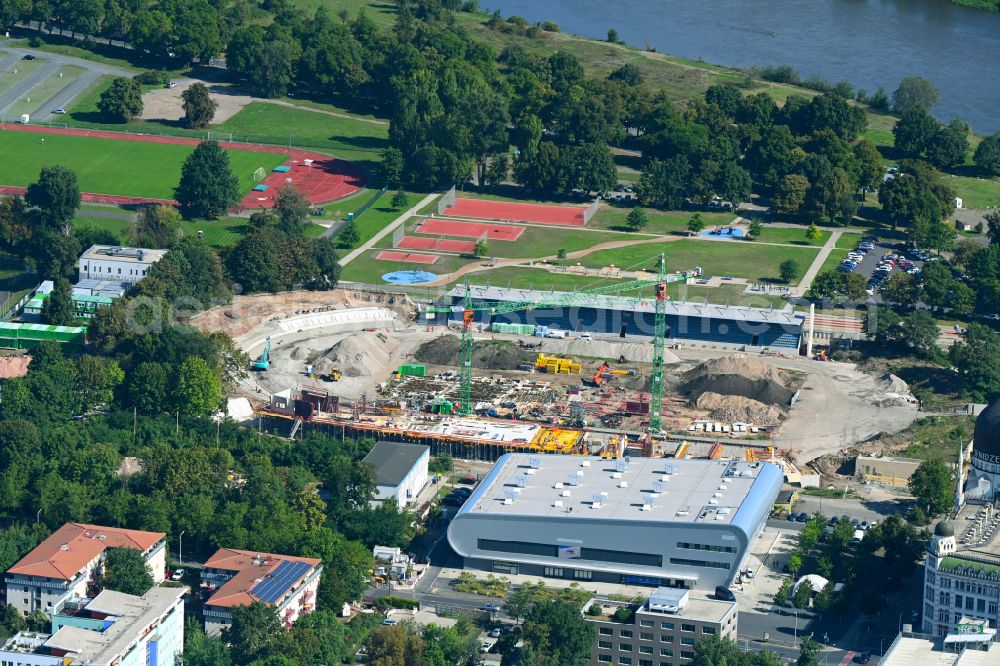 Aerial image Dresden - Extension and conversion site on the sports ground of the stadium Heinz-Steyer-Stadion on street Pieschener Allee in the district Friedrichstadt in Dresden in the state Saxony, Germany